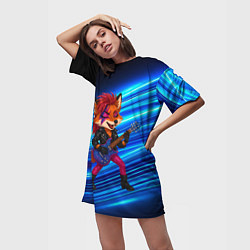 Футболка женская длинная Лиса в косухе и гитарой - рок звезда, цвет: 3D-принт — фото 2