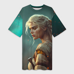 Футболка женская длинная Цири на фоне искр, цвет: 3D-принт