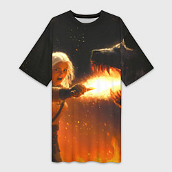 Футболка женская длинная Цири сражается с монстром медведем, цвет: 3D-принт
