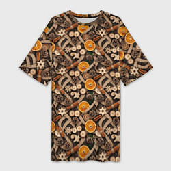 Женская длинная футболка Новогодний орнамент с корицей и дольками апельсина