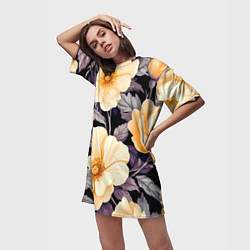Футболка женская длинная Крупные жёлтые цветы, цвет: 3D-принт — фото 2