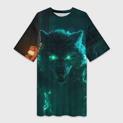 Футболка женская длинная Волк с зелеными глазами с молниями, цвет: 3D-принт