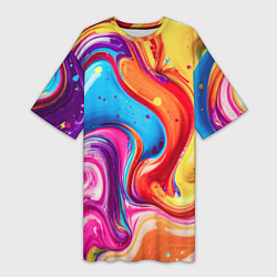 Футболка женская длинная Смесь красно-жёлто-голубых масляных красок абстрак, цвет: 3D-принт