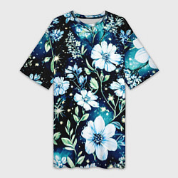 Футболка женская длинная Стилизованные цветы сине-зелёный, цвет: 3D-принт