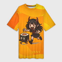 Футболка женская длинная Девочка дьявол бежит за роллом, цвет: 3D-принт