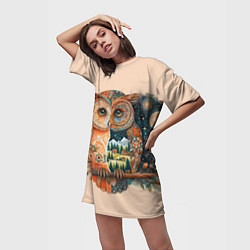 Футболка женская длинная Сова разделенная на день и ночь абстракция, цвет: 3D-принт — фото 2