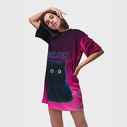 Футболка женская длинная Окак мем с черным котом, цвет: 3D-принт — фото 2