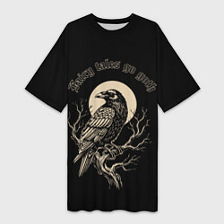 Футболка женская длинная Ворона сидит на ветке на фоне полной луны, цвет: 3D-принт