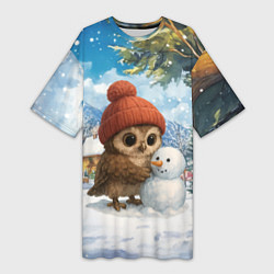 Футболка женская длинная Совушка в шапочке лепит снеговика, цвет: 3D-принт