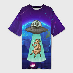 Футболка женская длинная Инопланетяне похищают корову, цвет: 3D-принт