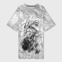 Футболка женская длинная Древний воин с топором и медведь, цвет: 3D-принт