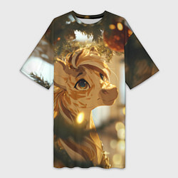 Футболка женская длинная Лошадка любуется елочным шаром, цвет: 3D-принт