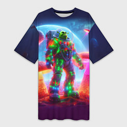 Футболка женская длинная Неоновый космонавт Шрек на планете гигантских мухо, цвет: 3D-принт
