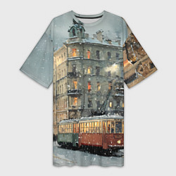Футболка женская длинная Трамваи в зимнем Санкт-Петербурге, цвет: 3D-принт