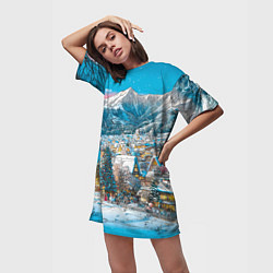 Футболка женская длинная Новогодняя деревушка в горах, цвет: 3D-принт — фото 2