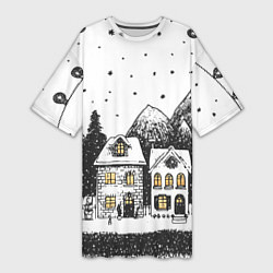 Футболка женская длинная Черно-белый новогодний город, цвет: 3D-принт