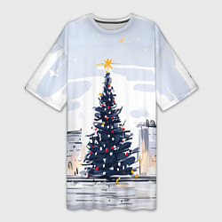 Футболка женская длинная Новый год минимализм, цвет: 3D-принт