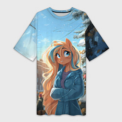 Женская длинная футболка Лошадка на новогодней площади