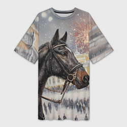 Футболка женская длинная Конь на фоне салюта, цвет: 3D-принт