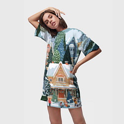 Футболка женская длинная Новогодний елочный двор, цвет: 3D-принт — фото 2