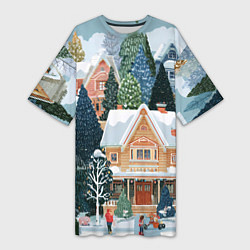 Футболка женская длинная Новогодний елочный двор, цвет: 3D-принт