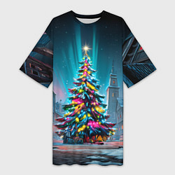 Футболка женская длинная Новогодняя елка в гирляндах, цвет: 3D-принт