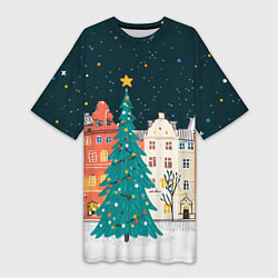 Футболка женская длинная Новогодняя ночь в городе, цвет: 3D-принт
