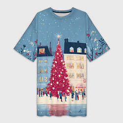 Футболка женская длинная Новогоднее гуляние у красной елки, цвет: 3D-принт