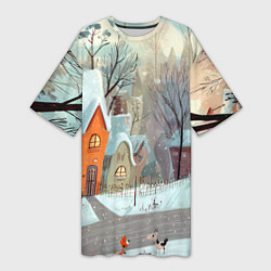 Футболка женская длинная Милый новогодний дворик, цвет: 3D-принт