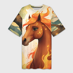 Футболка женская длинная Милая огненная лошадь, цвет: 3D-принт