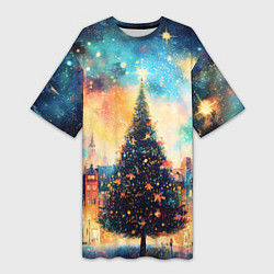 Футболка женская длинная Новогодняя елка за городом, цвет: 3D-принт