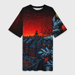 Футболка женская длинная Новый год в ночном городе, цвет: 3D-принт