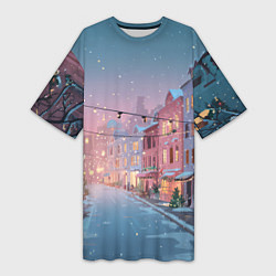 Футболка женская длинная Новогодняя улица, цвет: 3D-принт