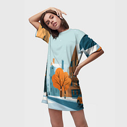 Футболка женская длинная Новогодняя улица, цвет: 3D-принт — фото 2