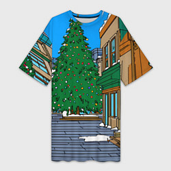 Футболка женская длинная Мультяшный новогодний двор, цвет: 3D-принт
