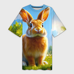 Футболка женская длинная Солнечный кролик на лугу, цвет: 3D-принт