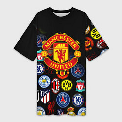 Футболка женская длинная Манчестер логотипы команд, цвет: 3D-принт