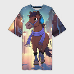 Футболка женская длинная Лошадка в шарфе и наушниках, цвет: 3D-принт