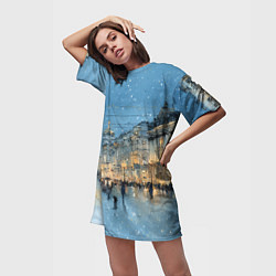 Футболка женская длинная Снежный вечер Санкт-Петербурга, цвет: 3D-принт — фото 2