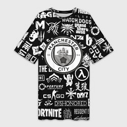 Футболка женская длинная Манчестер сити логотипы игр, цвет: 3D-принт