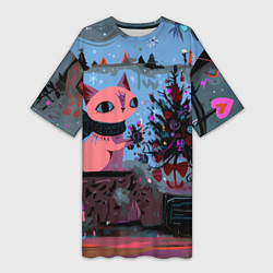 Футболка женская длинная Кошка празднует Новый год, цвет: 3D-принт