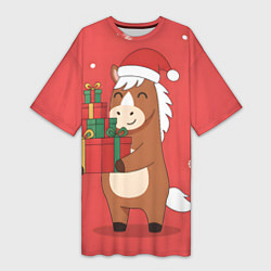Женская длинная футболка Новогодняя лошадка с подарками