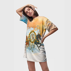 Футболка женская длинная Новогодняя тройка лошадей с мандаринами, цвет: 3D-принт — фото 2