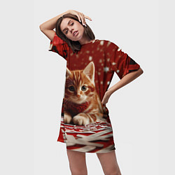 Футболка женская длинная Рыжий Новогодний котенок, цвет: 3D-принт — фото 2