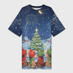 Футболка женская длинная Лошадки в новогоднюю ночь, цвет: 3D-принт