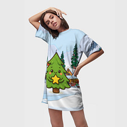 Футболка женская длинная Милая елочка со звездой, цвет: 3D-принт — фото 2