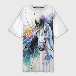 Футболка женская длинная Акварельная лошадь, цвет: 3D-принт
