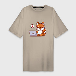 Футболка женская-платье Cute fox and laptop, цвет: миндальный