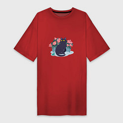 Футболка женская-платье Кот, лягушка и клумба, цвет: красный