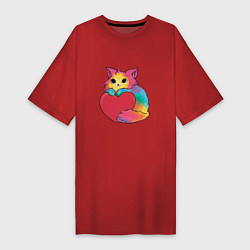 Женская футболка-платье Влюбленный котик держит сердце